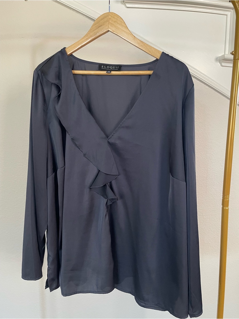 Eloquii Midnight Blue Satin/Silk Ruffle-Trim V-Neck Long Sleeve Top